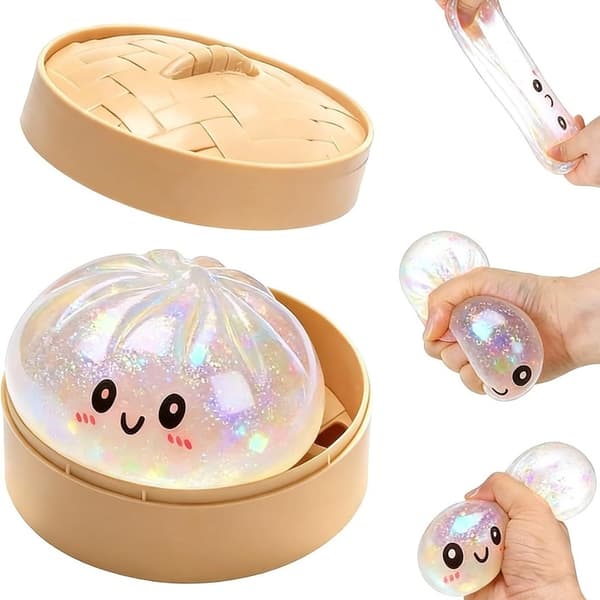 Glittrande Dumpling Stressavlastande Klämleksak (med Box) —Vit Band Klämleksak med Guldglitter