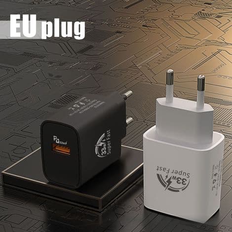 Hurtig USB QC3.0 oplader med europæisk stik, adapter og kabel til Android smartphones