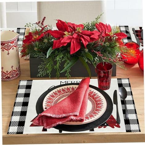 Sæt med 4 julebordmåtter, 30,5 x 45,7 cm, sort og hvidternede linnedbordmåtter med juletræsmønster, perfekt til vinter, helligdage, h