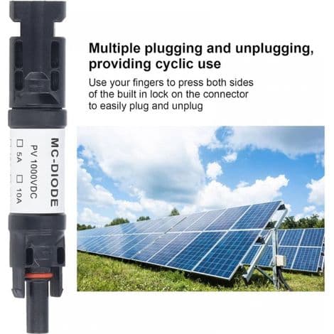 Pakke med 2 solcellekontakter 1000V med integrert anti-reversdiode, IP68 vanntett for solcellepanelkobling (10A)