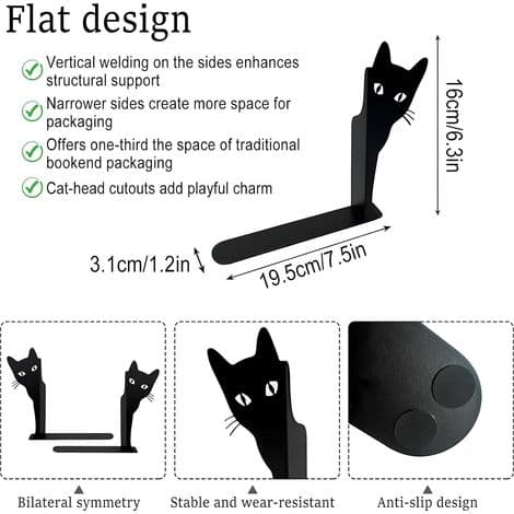 Sæt med 2 bogstøtter i metal, sort katte-design, stabil dekoration til kontor og hjem