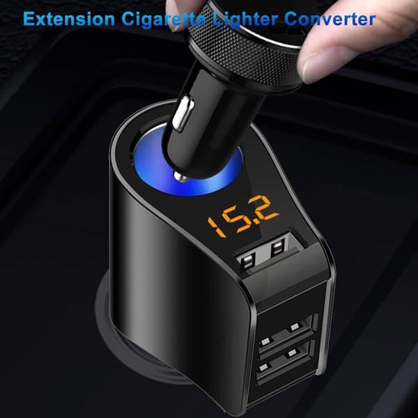 Biloplader, multi-USB cigarettænderadapter, stikfordeler med 3 USB-porte og voltmeter, kompatibel