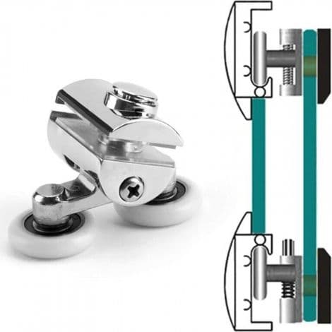 Sett med 4 doble ruller - for skyvedusjdører, 23 mm diameter støpte sinkruller, 2 øverst, 2 nederst