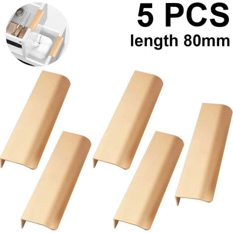 Set med 5 moderna lådhandtag med rundad kant, \"fingeravtrycksfinish\"-stil, guldfärg.