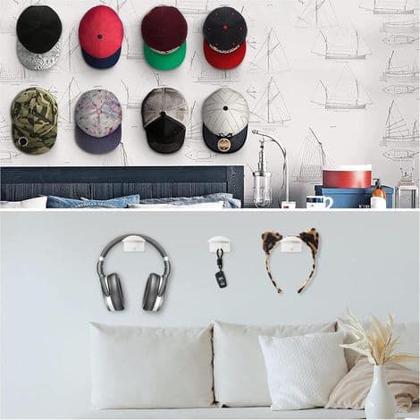 10 Hat Hooks, Rubber Cap Holders, No Drilling Required, for Hats, Wall-Mounted, Wardrobe, Closet, or Storage