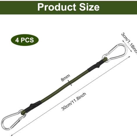 Sett med 4 elastiske strikker med karabinkrok, 30 cm elastisk snor med karabinkrok