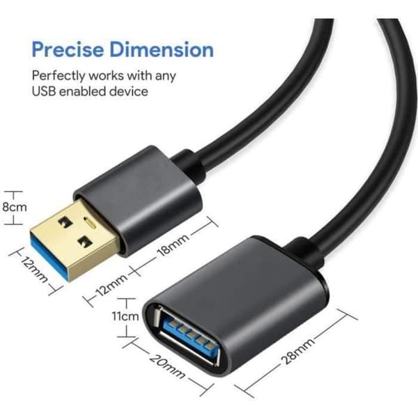 2M USB 3.0 förlängningskabel kompatibel med USB-minnen, spelkontroller, externa hårddiskar, tangentbord, möss, skrivare, datorer - Svart