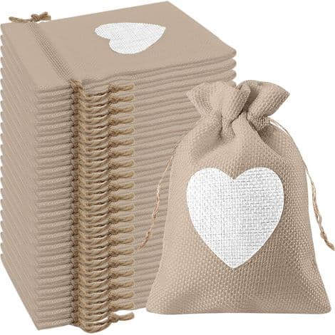 24 stk hjerteformede juteposer 10x14CM, til bryllupsgaver, søtsaker, gaver, dåp, bursdag, jul, små (beige grå)