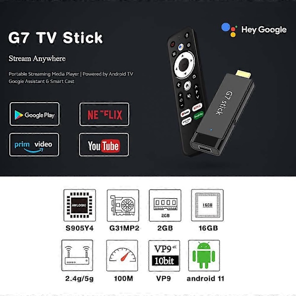 G7 Stick Android 11.0 Smart TV-stick Amlogic S905Y4 4K 2GB 16GB 2.4G/5G WiFi Bluetooth Mediaspelare TV-mottagare Set Top Box