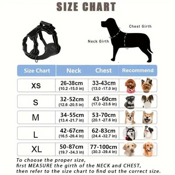 Phoesky \"No-Pull\" Hundevest - Reflekterende - Terylene - Justerbar - 2 Kontrollhåndtak - Svart - S