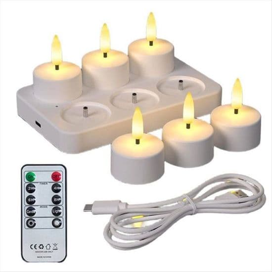 Flammeløse telys med ladestasjon og LED-fjernkontroll for Halloween og bursdager