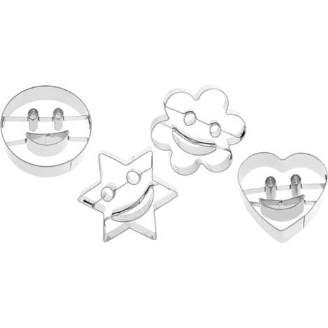 Sæt med 4 smiley-ansigt udstikkere, til mousse, sukker, småkager, køkkenudstyr