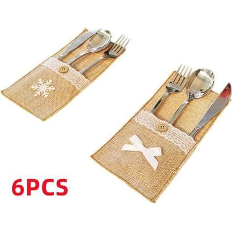 Julebestikkholder, julebestikkholder i burlap, oppbevaringspose for servise med blonder, bryllupsborddekorasjon