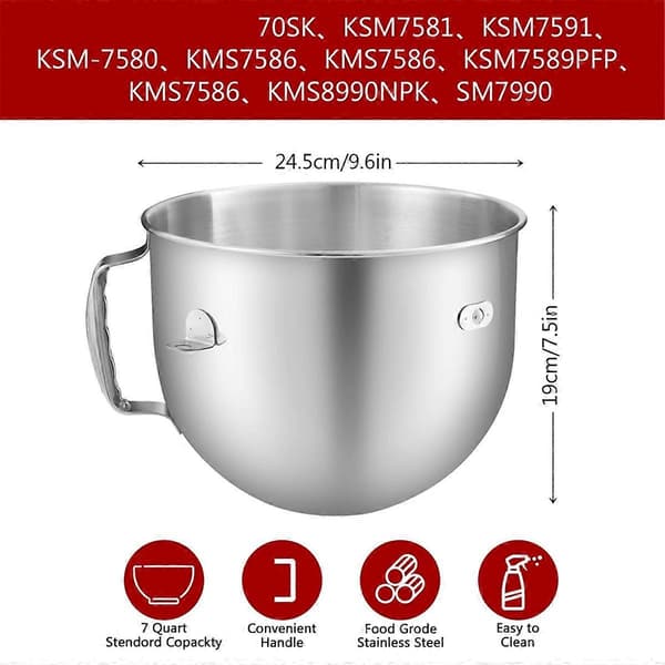 7 Quart rustfri stål røreskål til KitchenAid røremaskiner, til KitchenAid røremaskine tilbehør, til