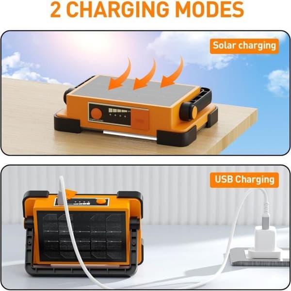 LED Flomlys - PZCC - Oppladbar Arbeidslampe - 6000 lm - USB/Solar - 180° Håndtak