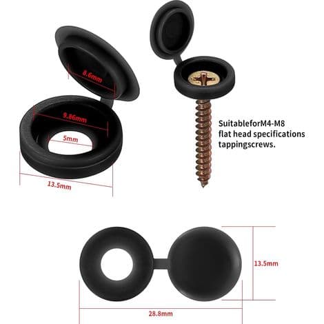 250 svarta gångjärnsskruvlock i plast 5 mm C