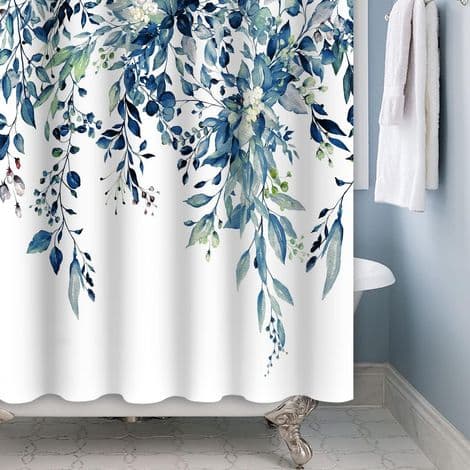 Blå blommig duschdraperi i polyester, mögel- och mögelsäkert, med 12 krokar, snabbtorkande, vattentätt