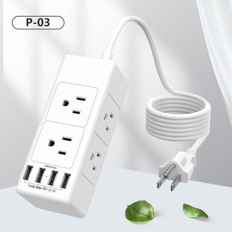 Grenuttag förlängningssladd, uttagsfördelare, 6 breda vägguttag (3 sidor) och 4 USB-portar