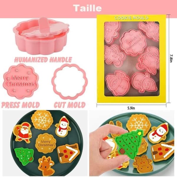 Sett med 8 julekakeformer, 3D plastikkakeformer, for dekorering av fondant, kjeks, småkaker, kaker