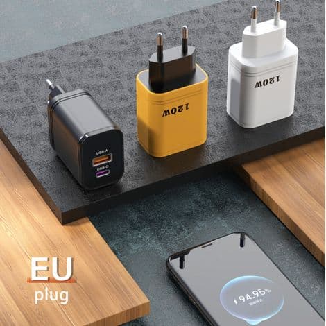 120W multi-port vægoplader (1 USB-A + 1 USB-C), hvid EU-stik, hurtig adapter til smartphones