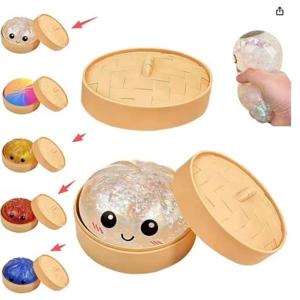Glittrande Dumpling Stressavlastande Klämleksak (med Box) —Vit Band Klämleksak med Guldglitter