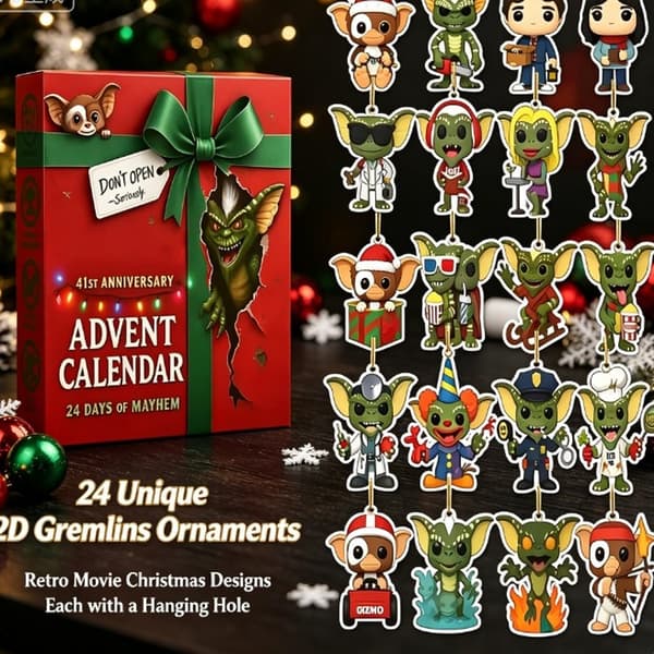 Gremlins Julekalender 2026, 24-dagers nedtelling til jul med 2D flate Gremlins-karakterer som hengende ornamenter