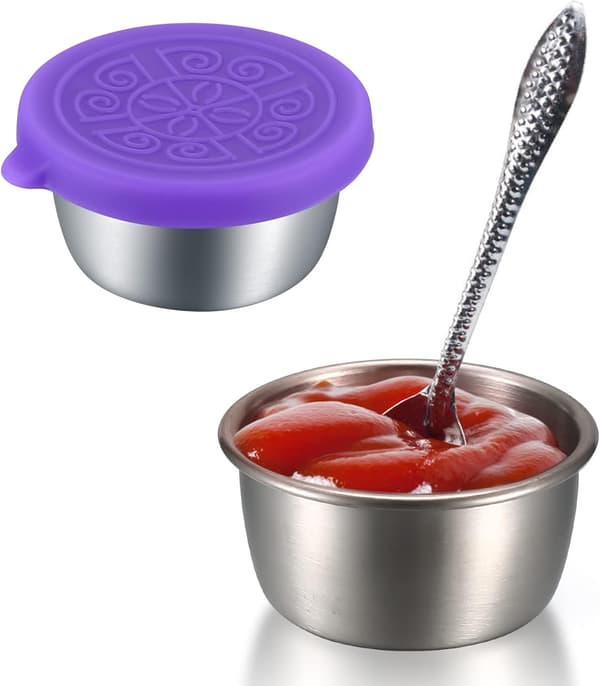 5-pak salatdressingbeholdere, 50 ml, rustfrit stål, mini saucebeholder, med silikonelåg, lækagesikker, til snacks, krydderier