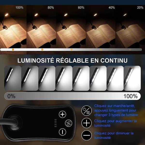 AUDBURN Genopladelig Læselampe - LED 3 Tilstande, USB, Bærbar, Sort