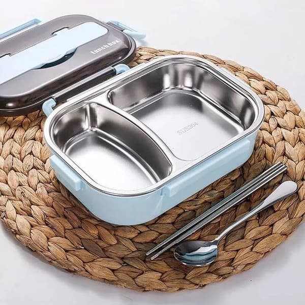 Bento matboks, matboks for barn/voksne med bestikk, matboks med 2 rom, blå