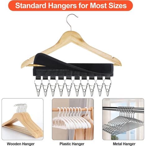 Kasketholder - 2 Stykker - 10 Clips i Rustfrit Stål pr. Styk - Til Standard Bøjler - Indendørs og Rejsebrug - Sort