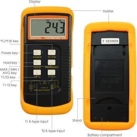 Termoelementtermometer, Typ K digital termometer, VVS-termometer, Dubbel termometer med 4 termoelement, MAX/MIN/AVG temperaturmätning, -
