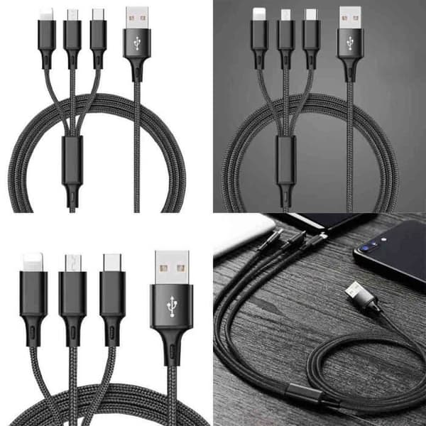 ZISONIX 3-i-1 laddningskabel - USB - 1,2 m - Kompatibel med Apple/Android/Type-C - Svart