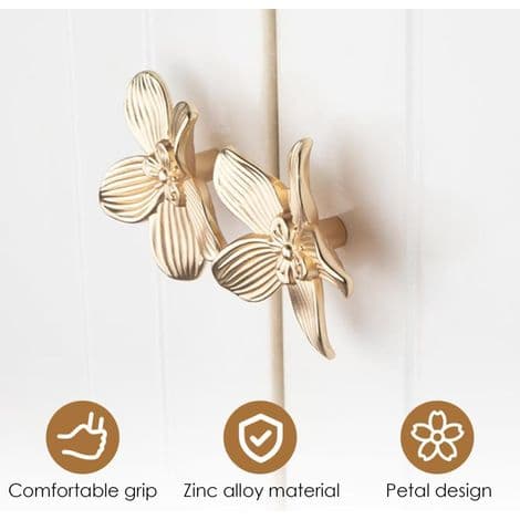 Sæt med 4 guldfarvede blomsterknopper til skabe, vintage blomsterguld messinghåndtag til skuffer, badeværelse, møbler.