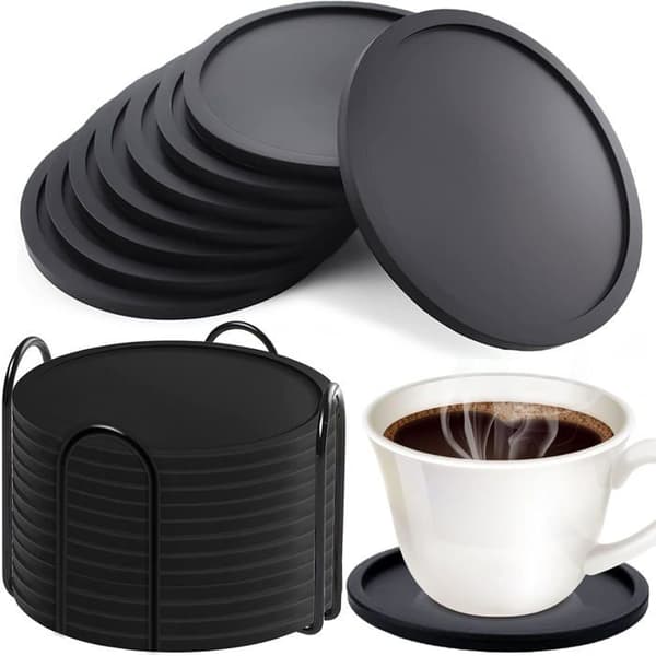 Sorte silikoneunderlag, 12 stk. runde silikoneunderlag, silikoneunderlag med bakke, kaffekopper