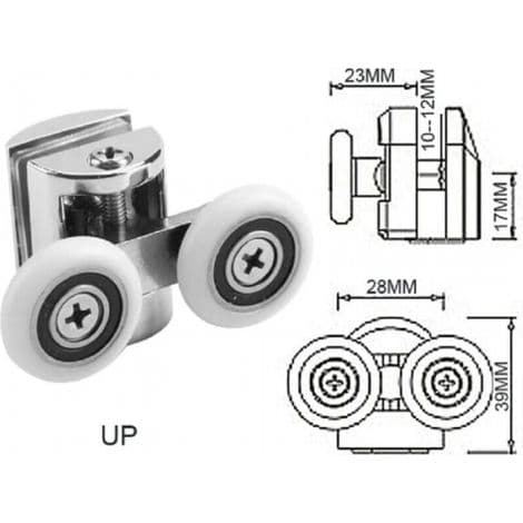 Sett med 4 doble ruller - for skyvedusjdører, 23 mm diameter støpte sinkruller, 2 øverst, 2 nederst