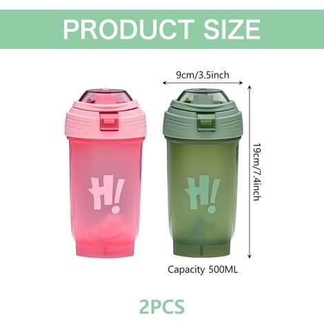 2 proteiinisekoitinpullon setti, 500 ml, harjoitteluun, BPA-vapaa, tiivis, vesipullo, pinkki ja vihreä