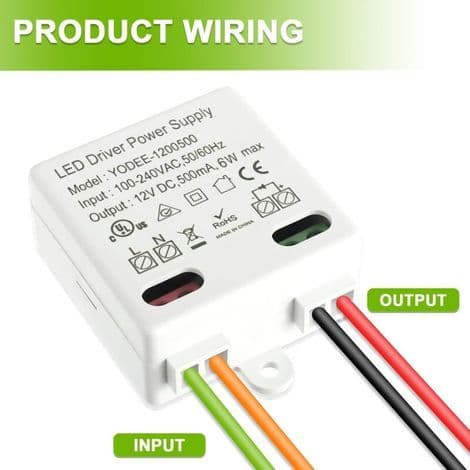 Mini 12V DC 6W LED-transformator for 12V lavspent LED-lamper eller andre strømforsyninger, liten og flat, ingen krav til minimumsbelastning (1 stk).