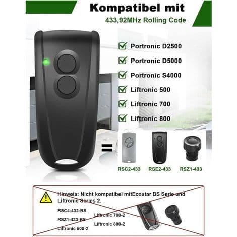 433,92 MHz 2-knapps garasjeportfjernkontroll – kompatibel med Ecostar- og Liftronic-systemer (pakke med 2)