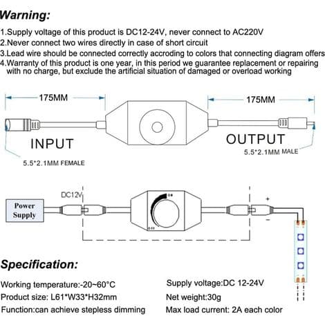 Sett med 3 LED-lysbånddimmere DC12V-24V, PWM roterende kontroller, inline dimmer for LED-lyslenker, julelys