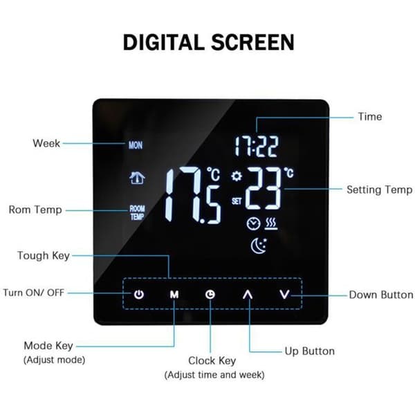 Smart varmetermostat - ZOR® - LCD berøringsskjerm - Programmerbar 5+2/6+1/7 dager - Minnefunksjon