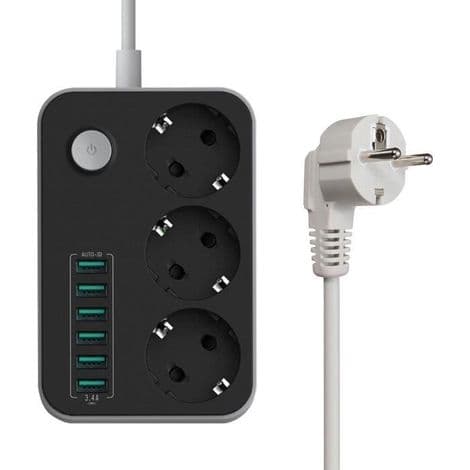 Strømuttak - Skrivebordslader - 3 uttak - 6 USB-porter - Svart