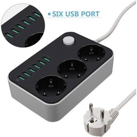 Strømuttak - Skrivebordslader - 3 uttak - 6 USB-porter - Svart