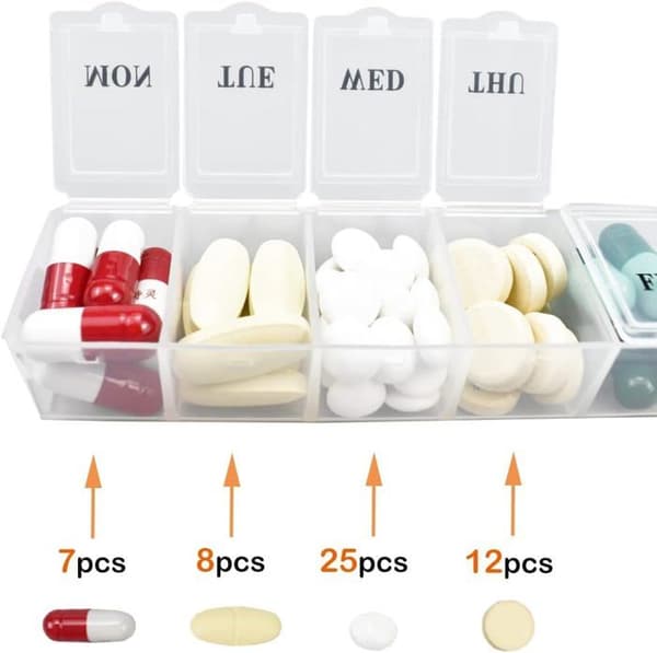 7-dages engangs pilleorganisator, pilledispenser, opbevaringsetui til medicin og kosttilskud.