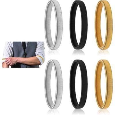 Sæt med 6 - Ærmeholdere - Elastiske metalarmbånd - Til kvinder og mænd - 2 sølv, 2 guld, 2 sort