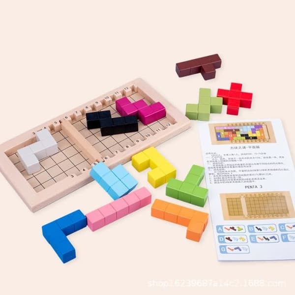 Trä-Tangram-Pussel - 3D Tetris Mönsterspel - För Vuxna och Barn - Mindre än 100 Bitar