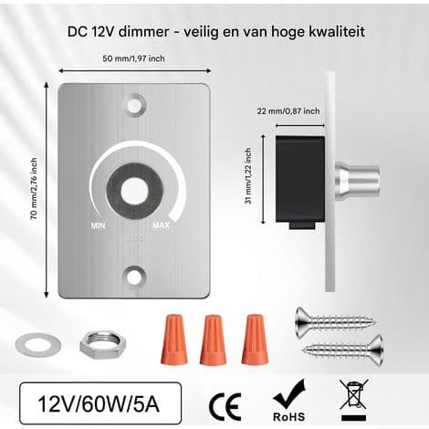 12V LED Dimmer - 5A 60W Vridströmbrytare - 0-100% Steglös Dimning - För Husbil, Båt, Husvagn - Vit