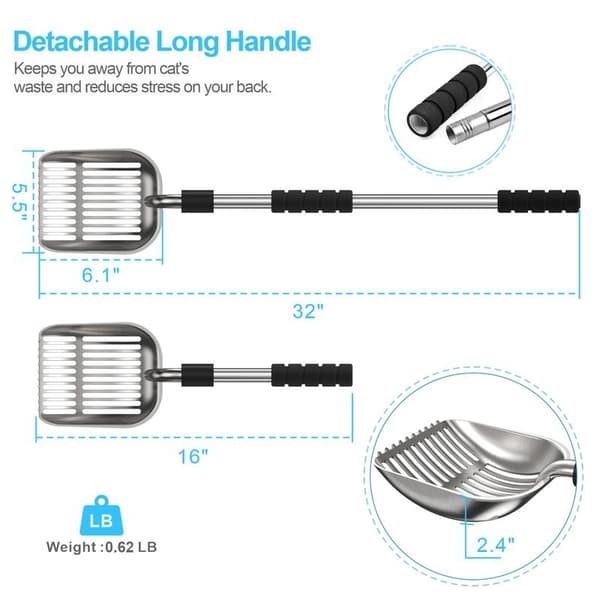 Justerbar kattesandspade – Solid og praktisk spade i rustfritt stål (spaltet design)