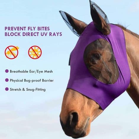 Elastisk fluehette til hest, fluehette i nylon, fluesikker/UV-beskyttelse/øye- og ørebeskyttelse, lilla