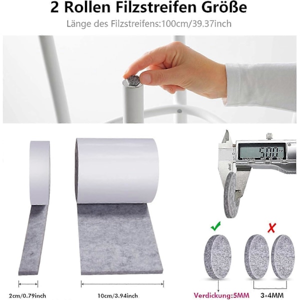 Självhäftande möbeltassar i filt, självhäftande filt, 2 rullar med filtremsor (100 * 10cm + 100 * 2cm), 5mm tjocka starkt självhäftande möbeltassar för stolar, möbler