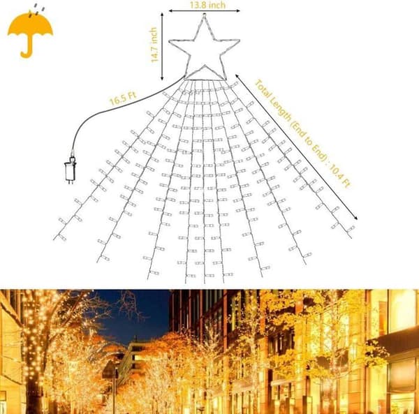 Utendørs juletrelyslenke, 317 LED, 5m, 8 moduser og vanntett (varmhvit)